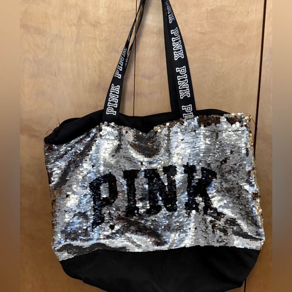 PINK Victoria Secret Silver Gold Sequin Double Handle Zippered Tote Bag
